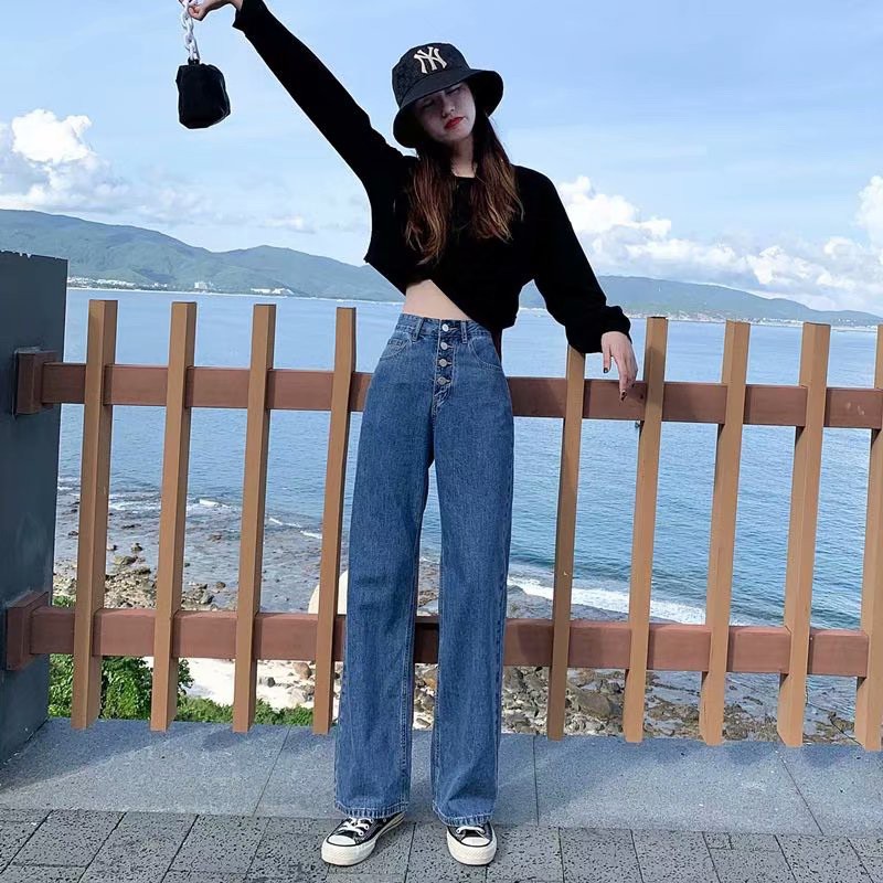 Quần Jeans Dài Lưng Cao Ống Rộng Thời Trang Hàn Cho Nữ