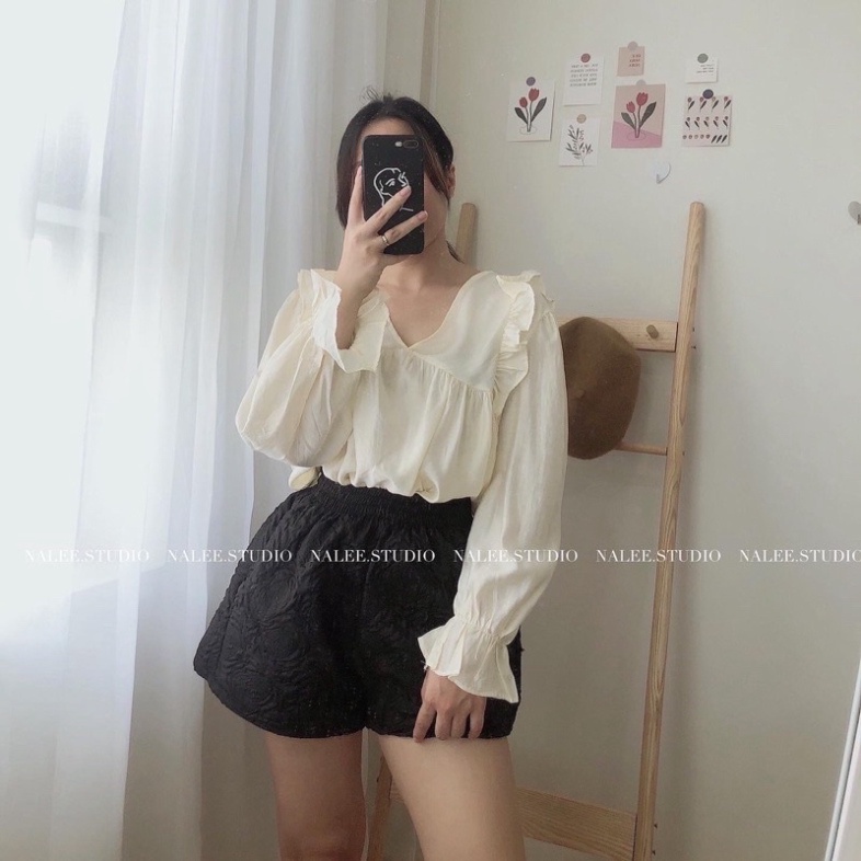 Quần short nữ phồng hoa in nổi, quần đùi nữ dáng ngắn ống rộng phồng vải xốp in hoa