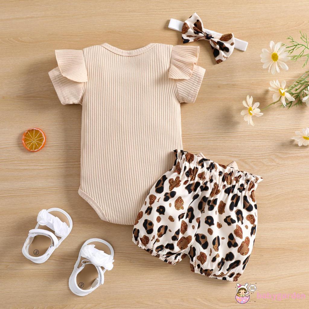 Bộ Áo Liền Quần Tay Ngắn Cổ Tròn In Họa Tiết Da Báo + Quần Short Thời Trang Cho Bé Gái 0-2 Tuổi