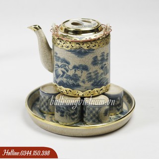 Bộ ấm tích men rạn Bát Tràng bọc đồng - Ấm tích hãm trà