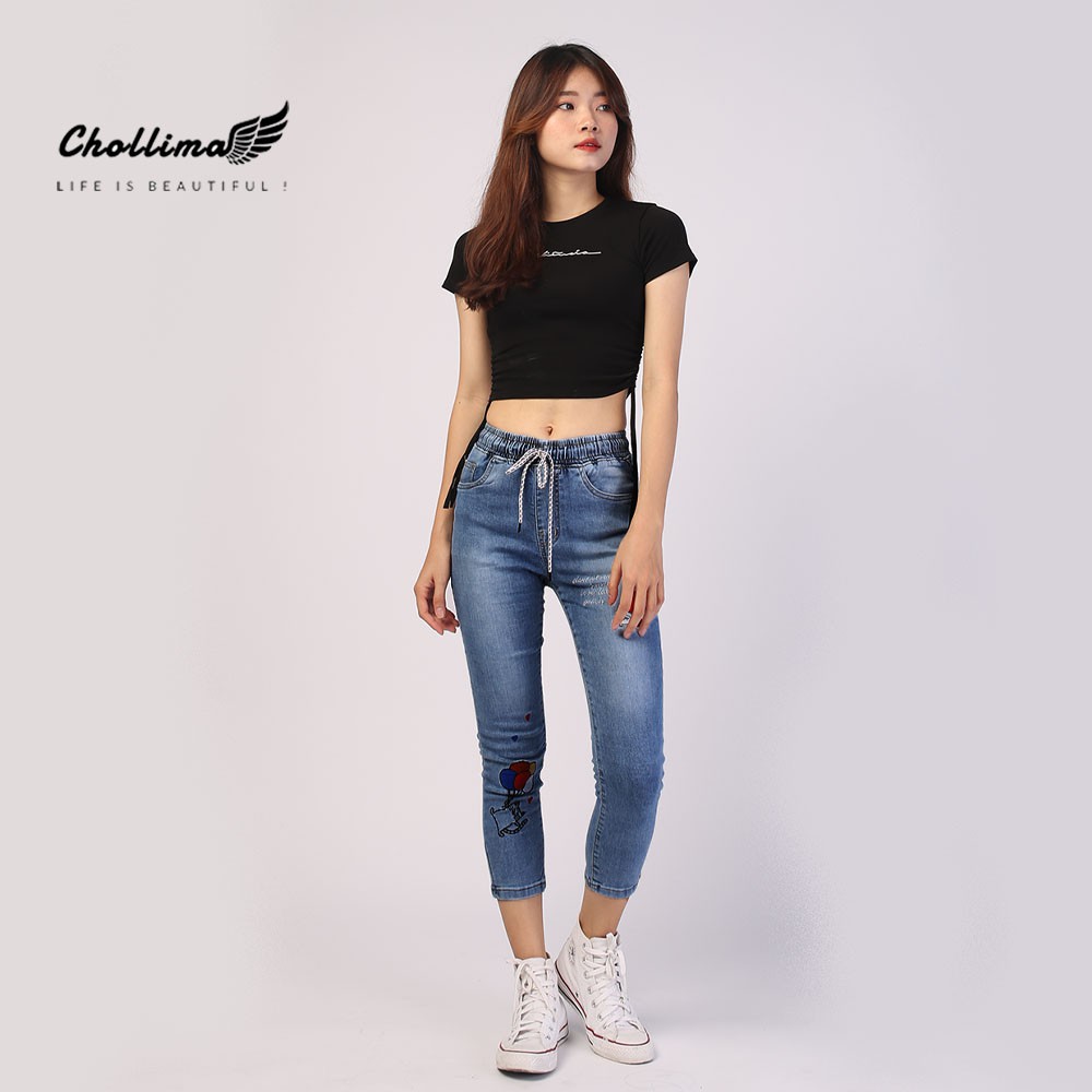 Quần jeans nữ lưng thun Chollima thêu cô gái QD021 - Quần bò 9 tấc lưng thun | BigBuy360 - bigbuy360.vn