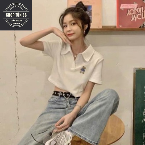 Áo croptop cộc tay dưới 55kg cocastore - Áo polo thêu hình con gấu