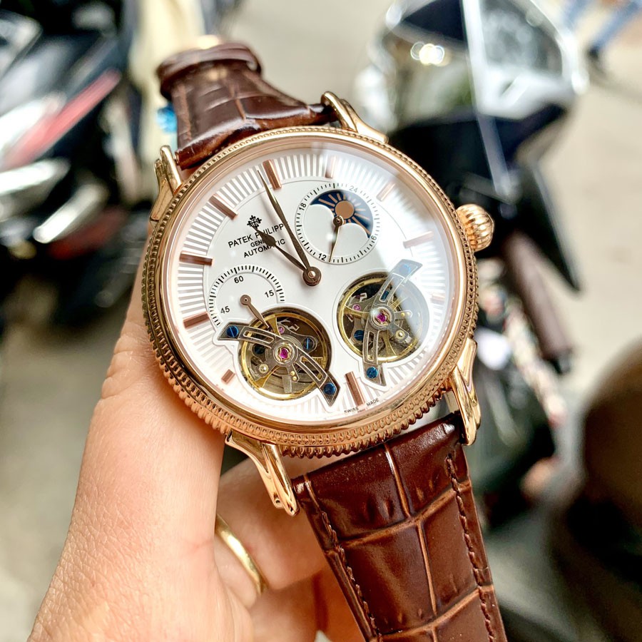Đồng hồ Nam Patek 2 tim máy nhật, mặt trắng viền vàng, dòng cơ Automatic size 42mm-43mm | BigBuy360 - bigbuy360.vn