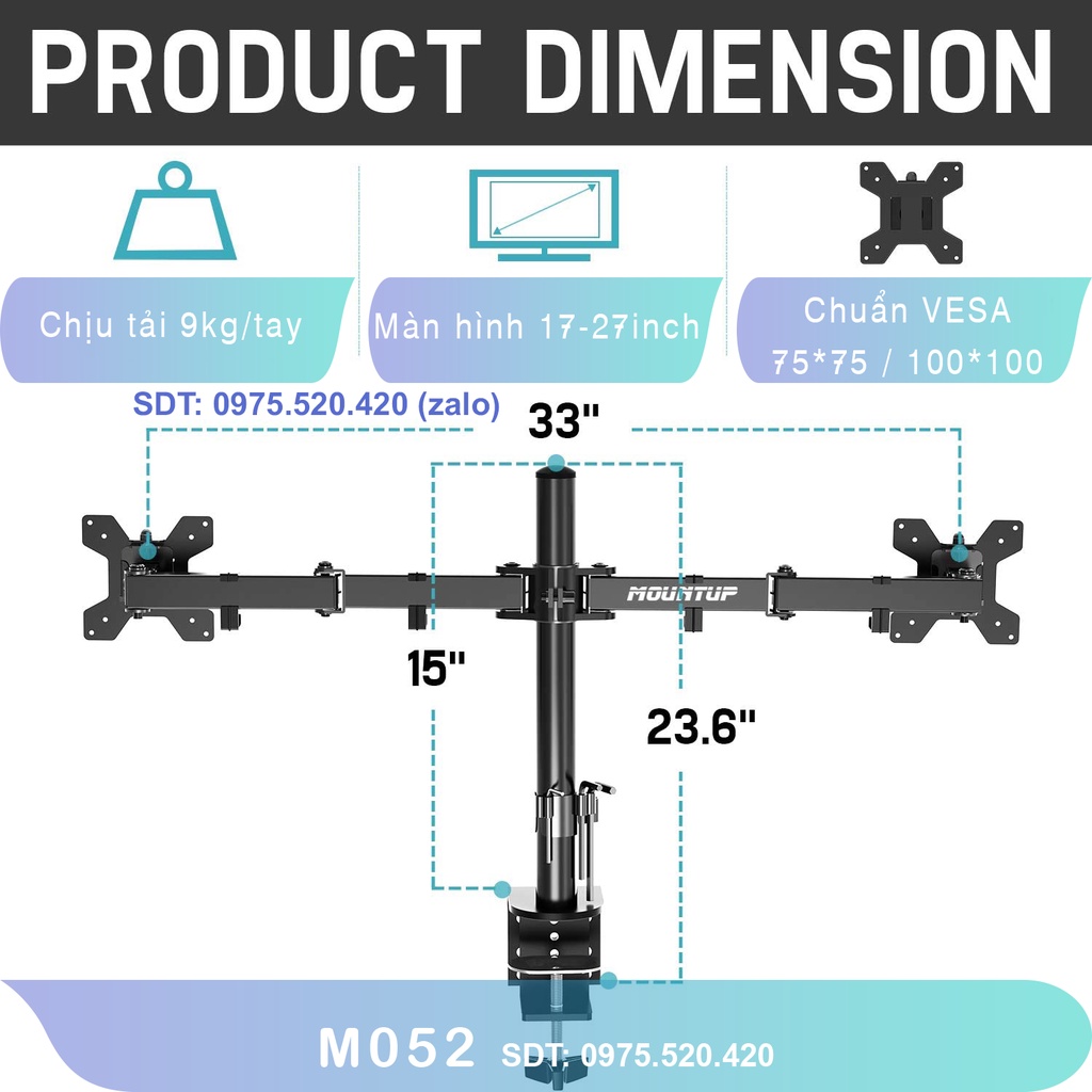 M052 - Giá Treo Hai Màn Hình Máy Tính/ Giá Đỡ 2 Màn Hình Kẹp Bàn [Màn hình 17 – 27 Inch] [ Rẻ Hơn NB F160 / NB H180]