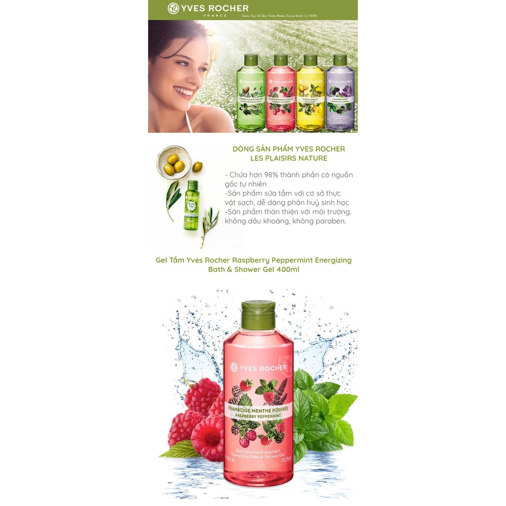 Gel Tắm Yves Rocher Raspberry Peppermint Energizing Bath &amp; Shower Gel 400ml