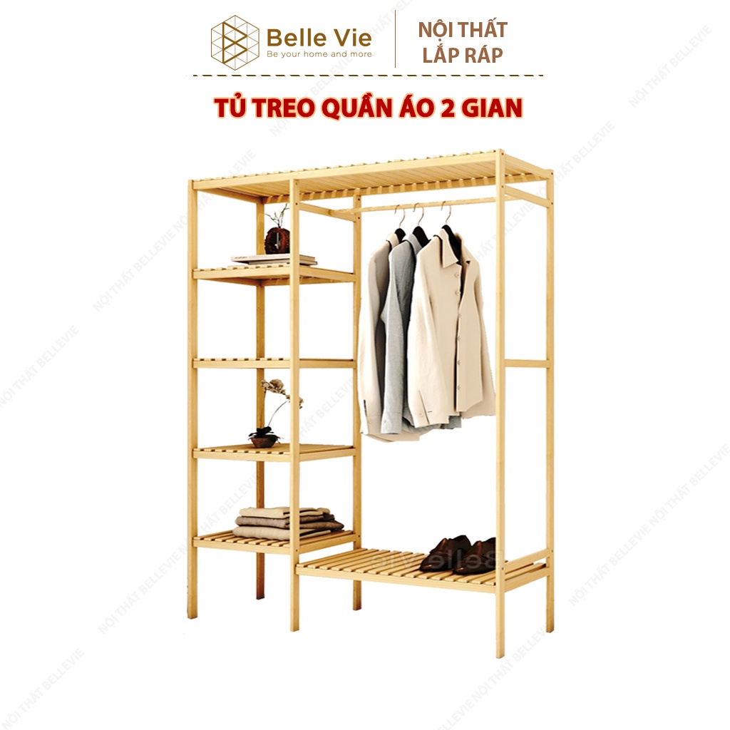 Tủ Treo Quần Áo BELLEVIE Kệ Treo Quần Áo Gỗ 2 Gian Lắp Ráp Tiện Lợi Gỗ Thông Nhập Khẩu Phong Cách Hàn Quốc
