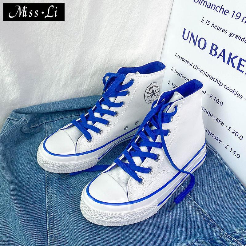 Giày Vải Canvas Màu Trắng Xanh Dương Phong Cách Thời Trang Retro Cho Nữ~2022
