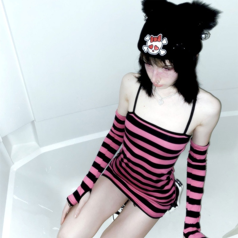 Brroa Đầm Hai Dây Dáng Ôm Hở Vai In Họa Tiết Kẻ Sọc Phong Cách Gothic Punk Với Tay Áo Cho Nữ Co