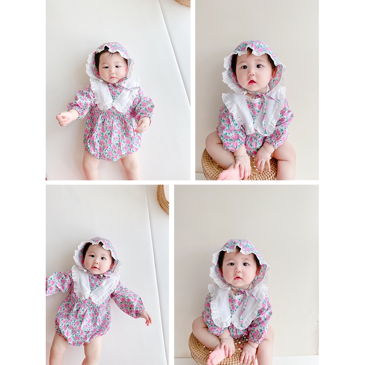 Bộ áo liền quần phối ren hoa + mũ thời trang mùa thu cho bé gái