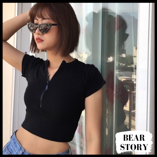 Áo croptop dây kéo tay ngắn chất borip dày mịn hàng chuẩn style đẹp - AK0030 | bear.story