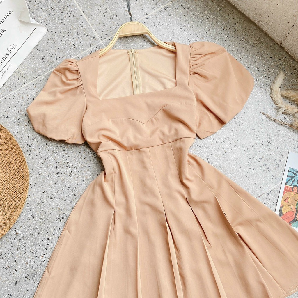Đầm Cổ Vuông ❤️FREESHIP❤️ Tay Phồng Dáng Xòe Chíp Eo