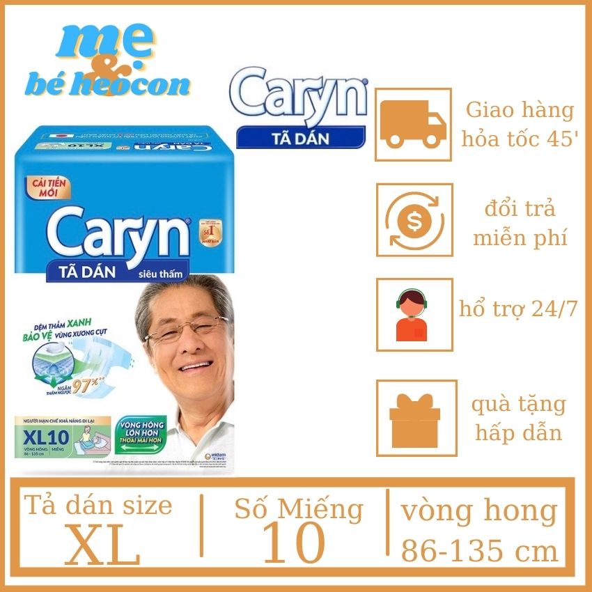 Tả Dán Siêu Thấm Người Lớn Caryn Xl10 Miếng (Vòng Hông 86-135cm + 70-90kg) + Mevabeheocon123