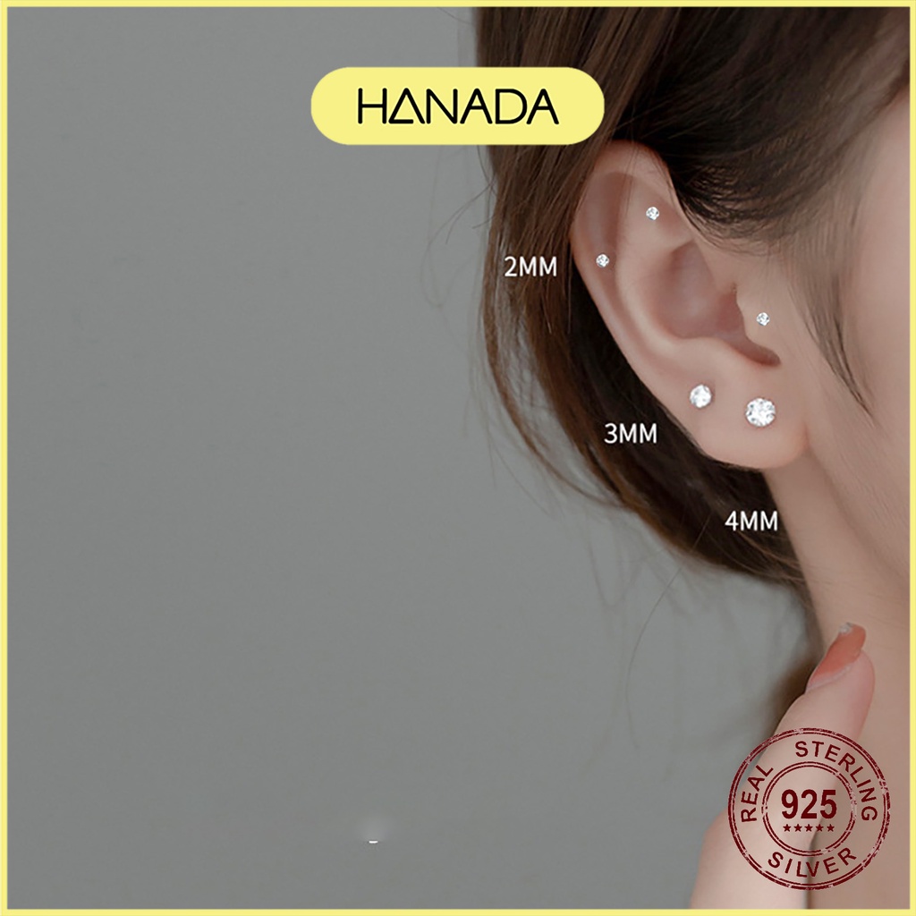 Bông Tai Bạc Hanada  Đá CZ 6A Chuẩn 120 Lát Cắt Siêu Lấp Lánh Không ố Không mờ Khuyên Nụ Trắng Đen Đơn Giản