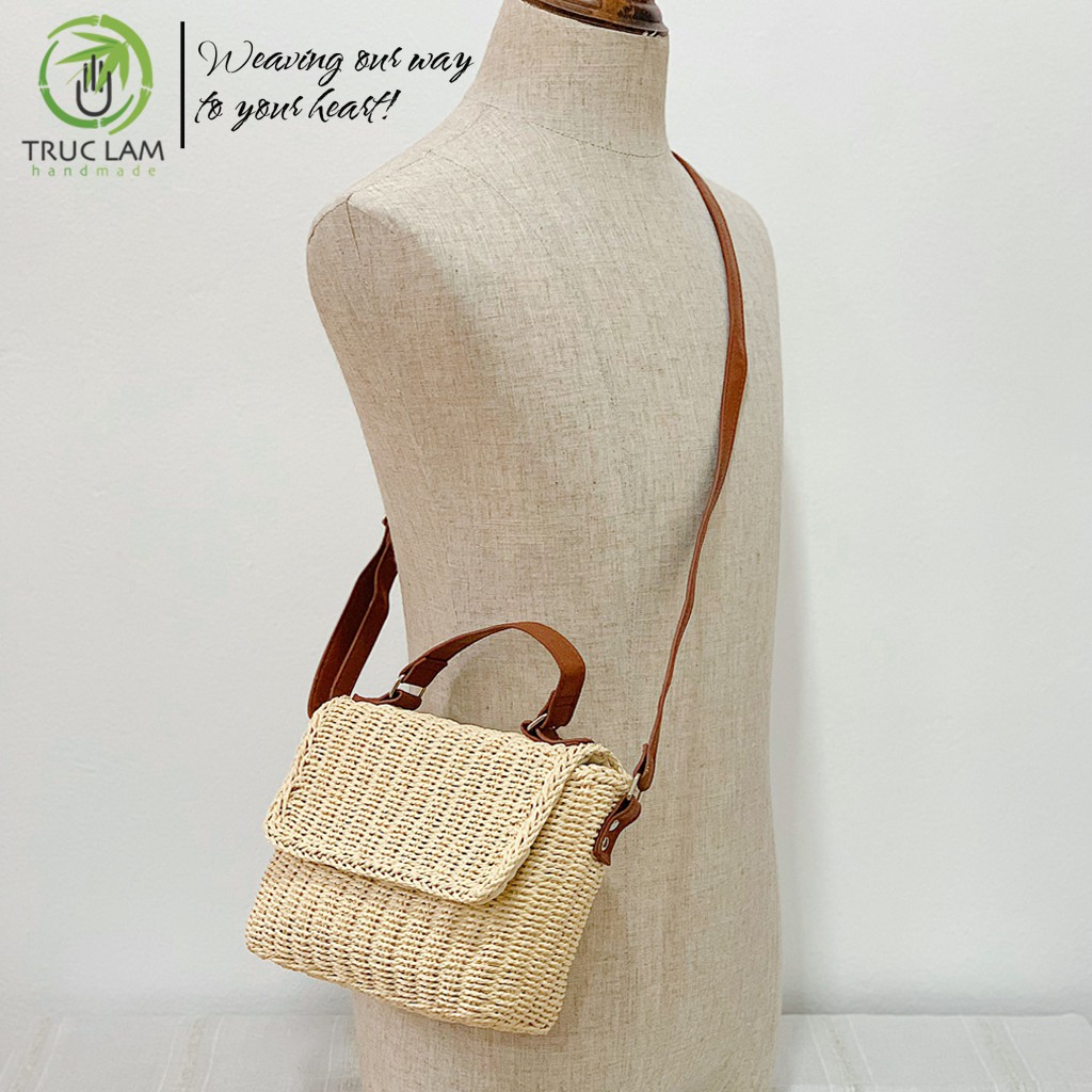 Túi Cói Đeo Chéo Thời Trang Nữ Màu Trơn Quai Da – Trúc Lâm Handmade