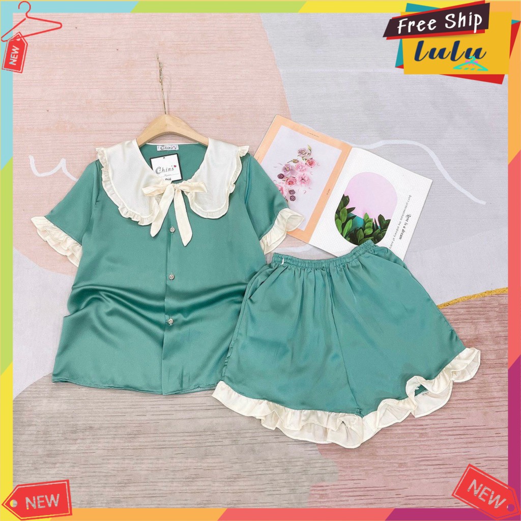 Đồ ngủ lụa satin cao cấp freesize. Đồ bộ mặc nhà nữ áo cổ nơ bèo quần đùi nữ lụa satin Lulu Shop