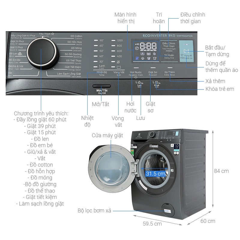 Máy giặt Electrolux Inverter 9kg EWF9024P5SB - Hàng chính hãng