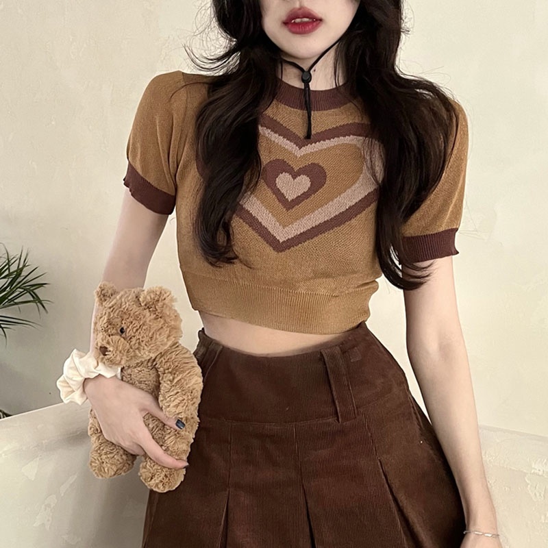 Áo Thun Dệt Kim Tay Ngắn Form Ôm Thoáng Khí Cho Nữ