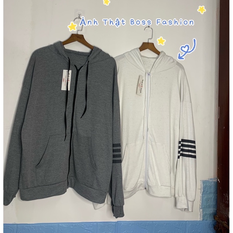 Áo Khoác Cardigan Hoodie Khoá Kéo Mũ Xám Đen Sọc Ngang