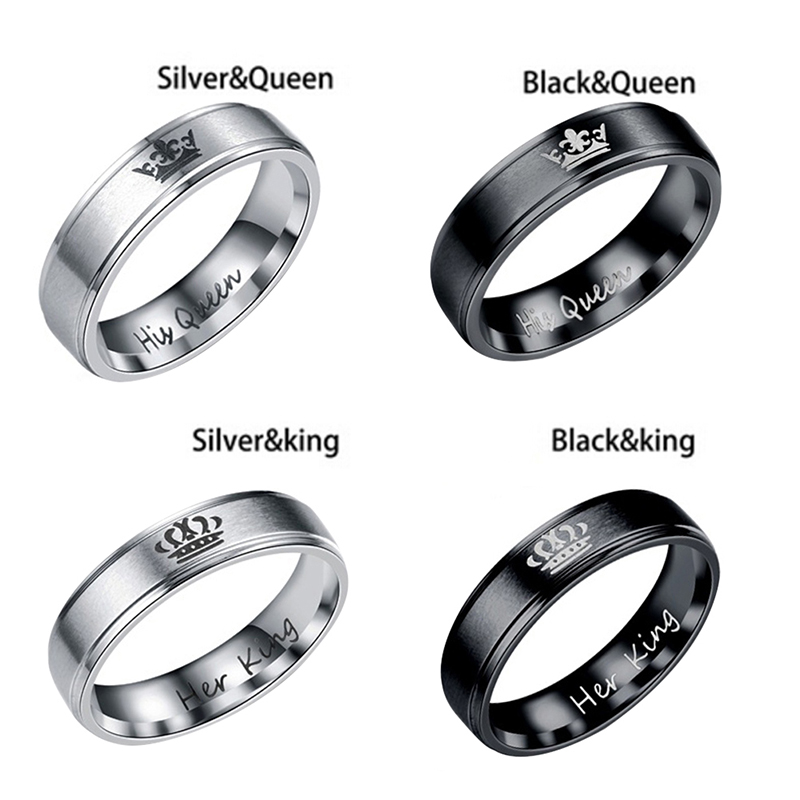 Nhẫn thép không gỉ khắc chữ His Queen / Her King màu bạc / đen dành cho cặp đôi