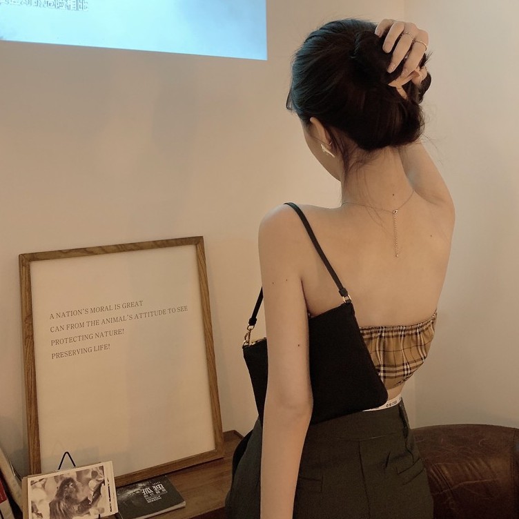 Cocory vn Áo crop top họa tiết ca rô cổ điển phong cách quyến rũ dành cho nữ