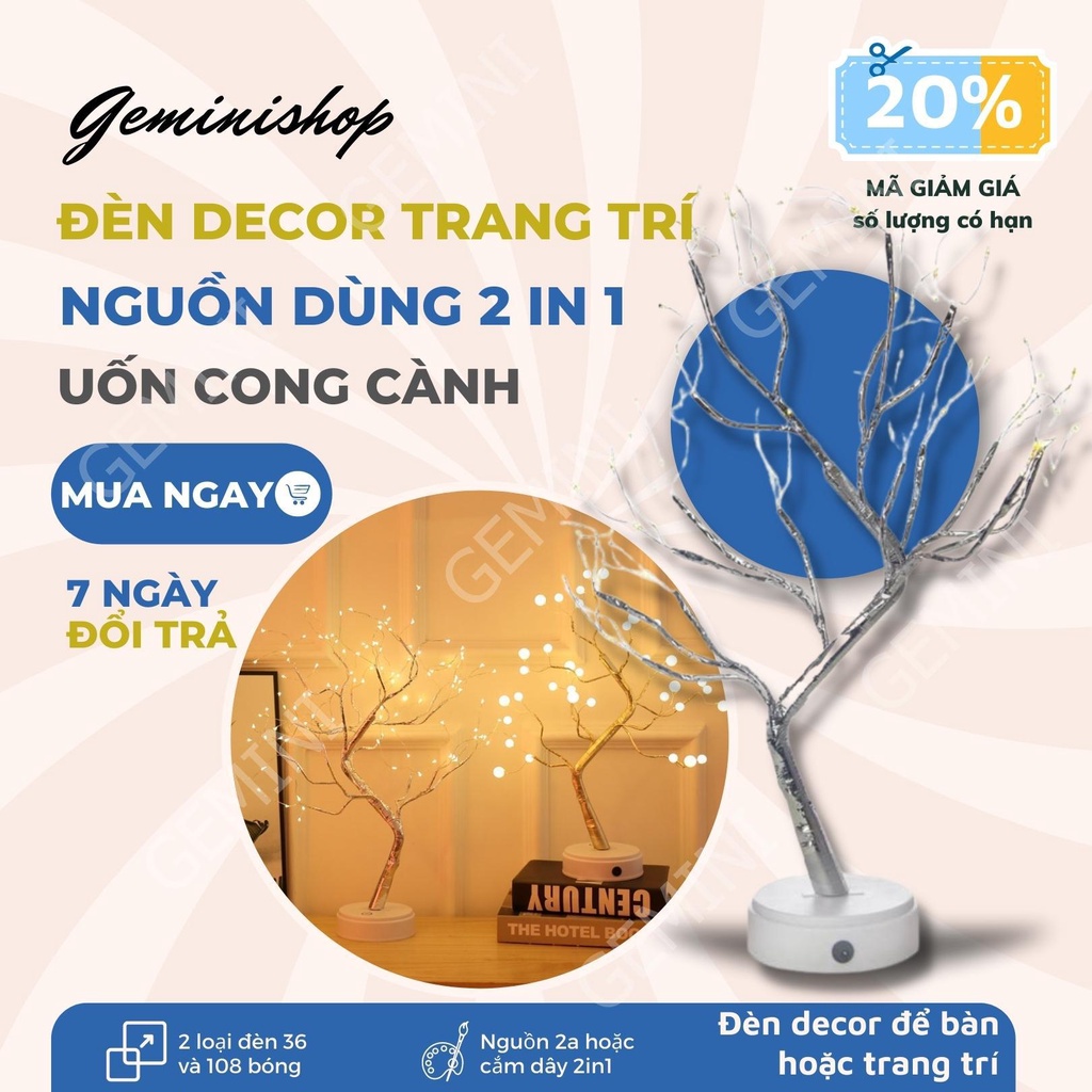 Đèn ngủ để bàn led trang trí phòng ngủ hình cây Decor 108 bóng dùng pin hoặc cắm dây USB 2 in 1 Gemini Shop