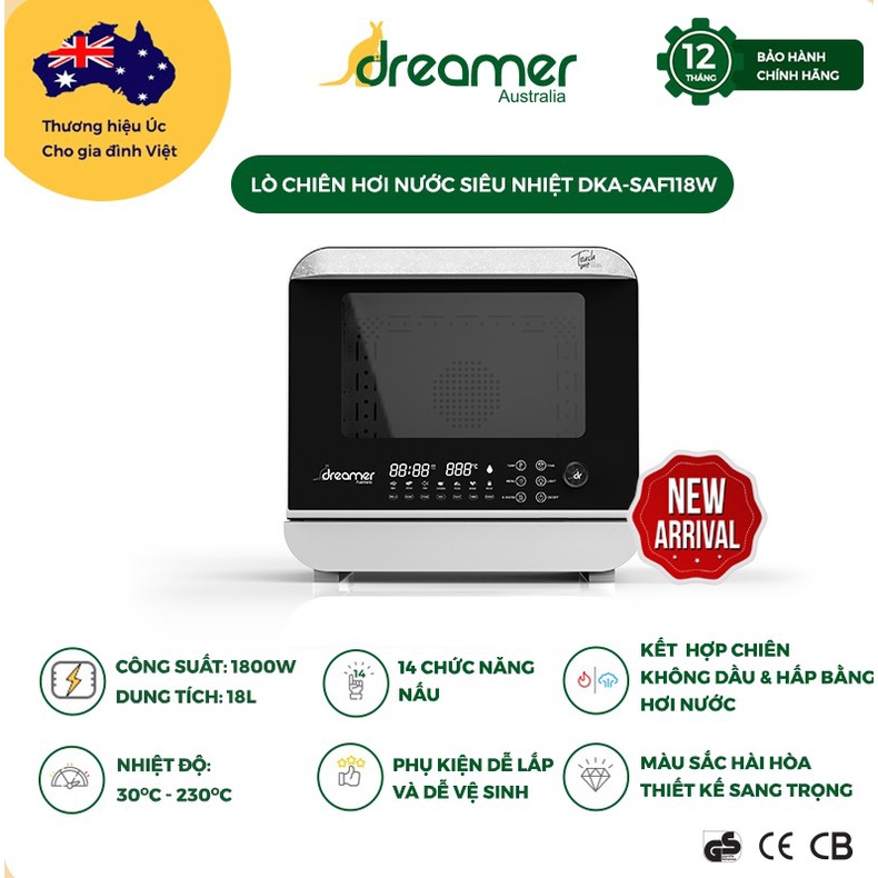 Lò Chiên Hơi Nước Siêu Nhiệt DREAMER DKA-SAF118W Dung Tích thực 18L, chiên không dầu, hấp, nướng, ủ sữa chua, tự vệ sinh