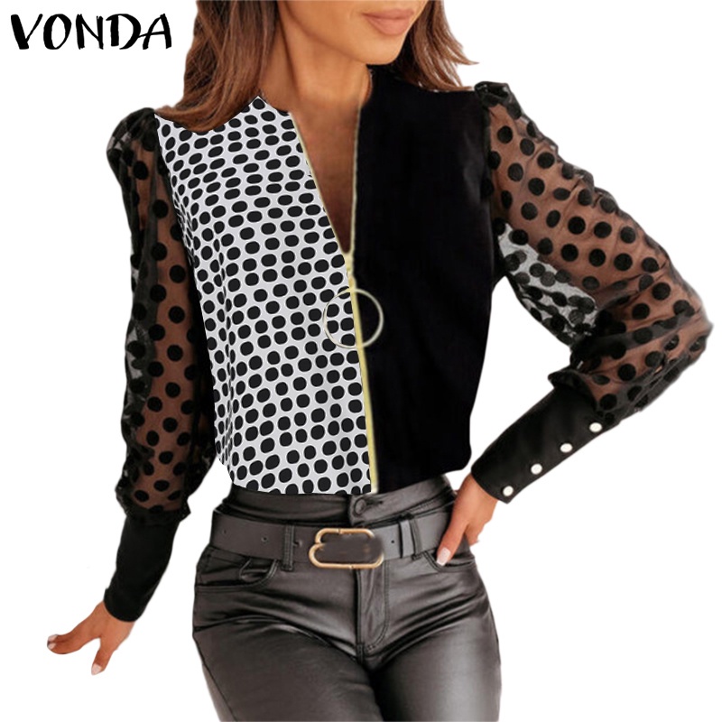 Áo VONDA tay dài phối vải lưới họa tiết chấm bi với dây khoá kéo thời trang cho nữ