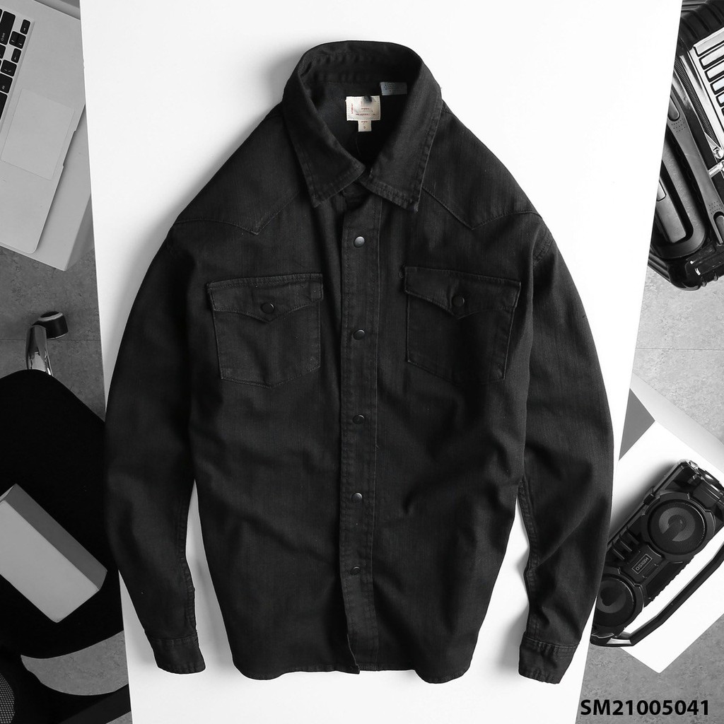 Jacket Denim Nam Đen, Áo sơ mi dài tay vải jean có cổ, thiết kế 2 túi trước ngực phong cách thời trang - dclothes