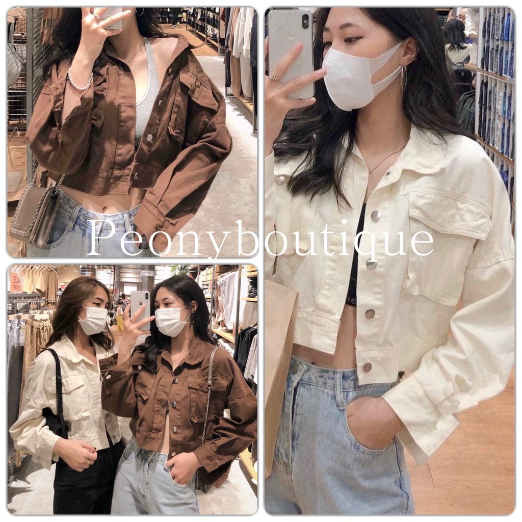 Áo Sơ Mi Kaki Croptop PEONYB Nữ [FREESHIP] 🌸 Jacket vintage thiết kế tay dài túi hộp cá tính màu TRẮNG | NÂU Ulzzang 🌸