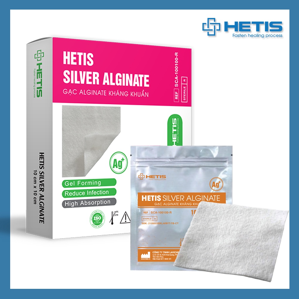 Gạc kháng khuẩn, thấm hút dịch HETIS Silver Alginate liền thương nhanh - chăm sóc vết thương  SCA