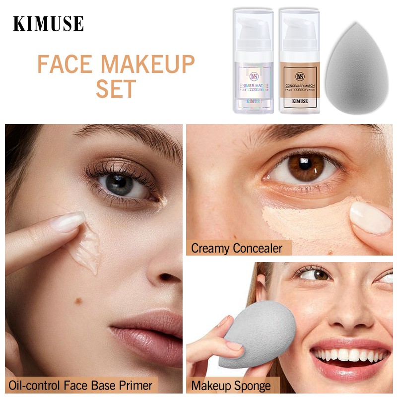 Set 3 Mỹ Phẩm Trang Điểm KIMUSE Gồm Kem Che Khuyết Điểm + Kem Lót + Mút Trang Điểm