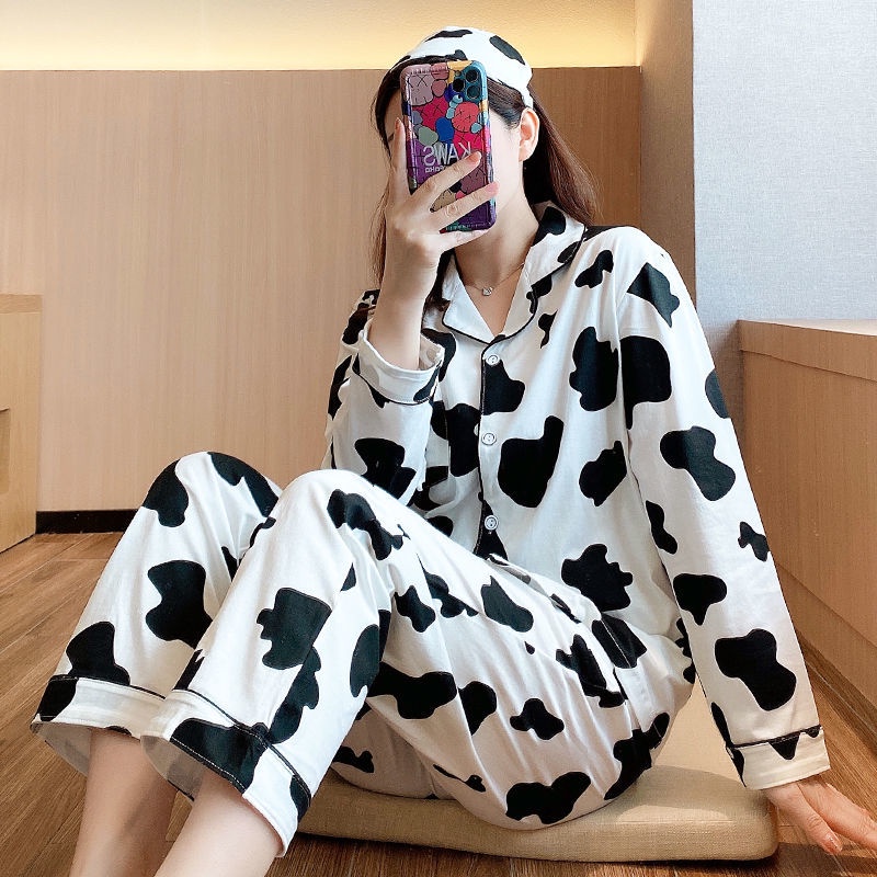 Bộ đồ ngủ dài tay họa tiết bò sữa dễ thương phong cách Nhật Bản cho nữ kích thước 0,6.my21.8.6