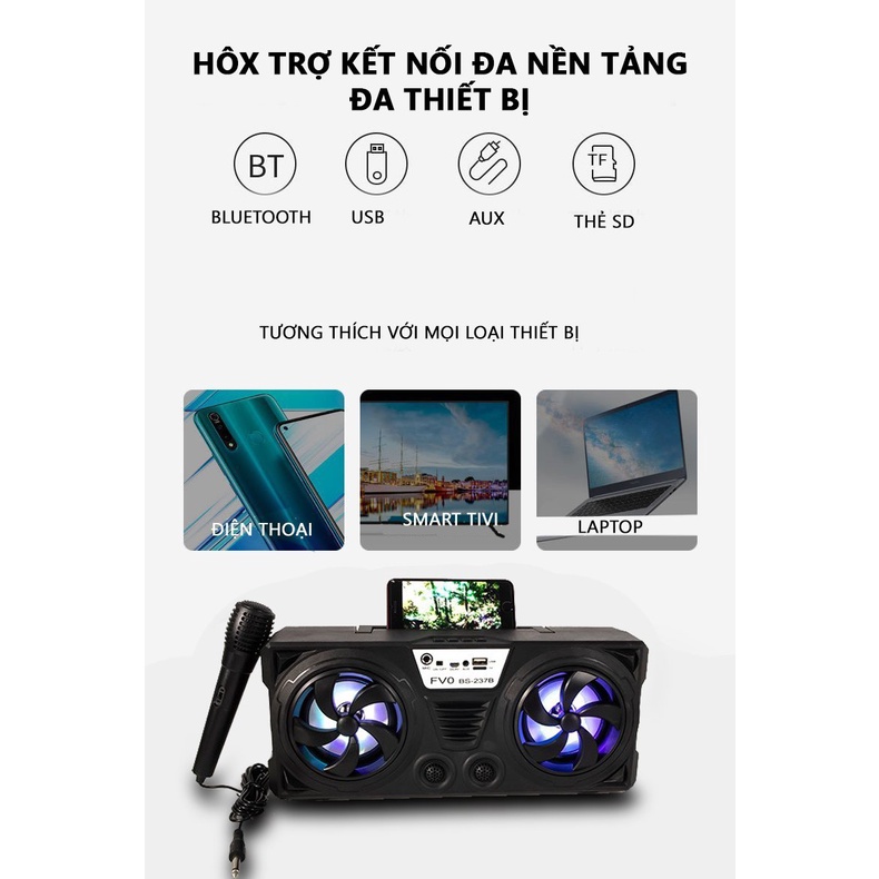 Loa bluetooth karaoke Bs 237, loa không dây nghe nhạc giá rẻ công suất lớn kèm mic hát