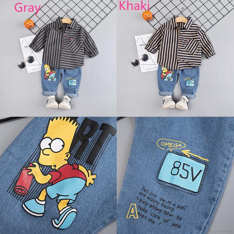 Set áo sơ mi kẻ sọc phối quần jeans đáng yêu cho bé trai