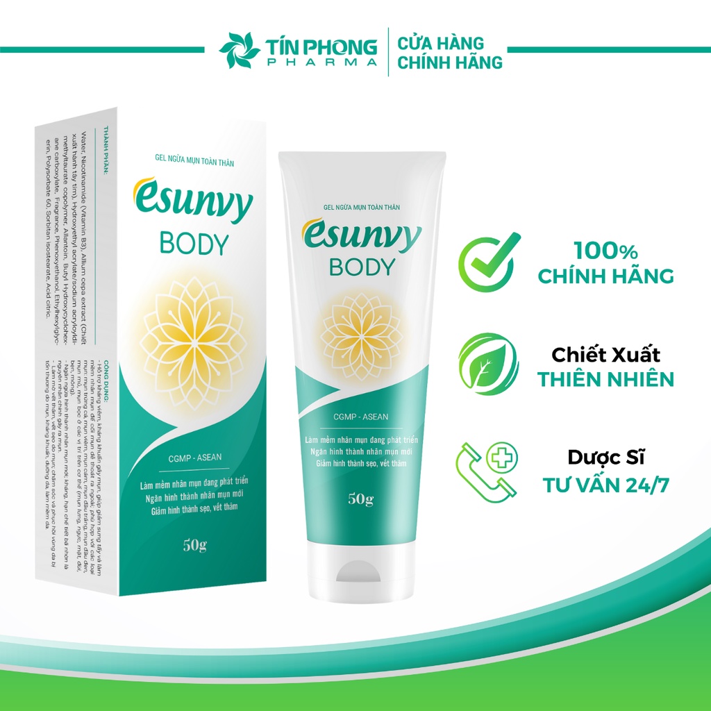 Gel Giảm Mụn Toàn Thân Esunvy Body Giúp Sạch Mụn, Hết Thâm, Mờ Sẹo Dùng Cho Mọi Loại Da Tuýp 50g TMP016