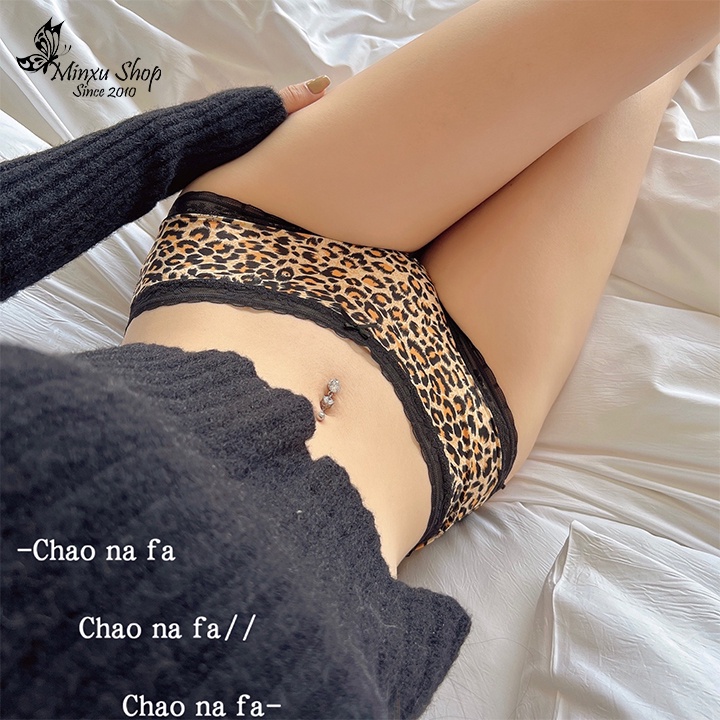 Quần lót nữ vải thun lạnh phối ren sexy, quần lót da báo hoang nơ xinh co giãn tốt nâng mông Minxu shop 2339