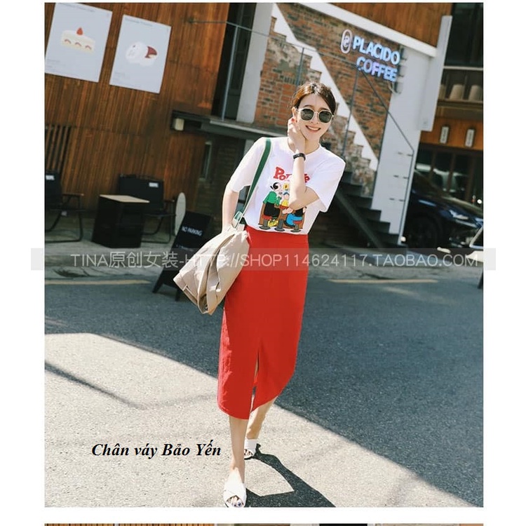 Chân váy dài midi chữ A màu đỏ xẻ giữa dài 70cm( sẵn size) - M56