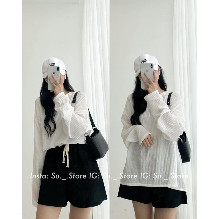 Áo tơ sọc dài tay thu đông AUDREY dạng rộng cổ tròn vải tơ mỏng cao cấp - Ngọc uyên Store