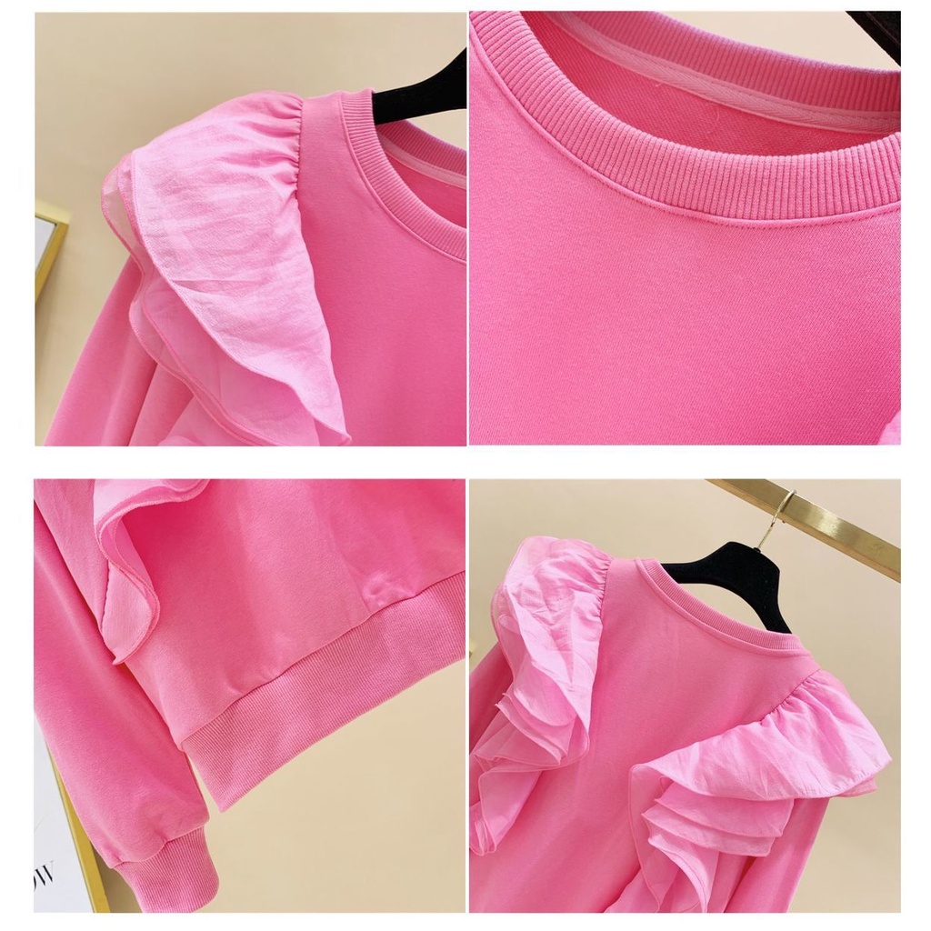 Áo sweater cổ tròn tay dài phối lưới thời trang mùa thu phong cách Hàn Quốc mới dành cho nữ 2021