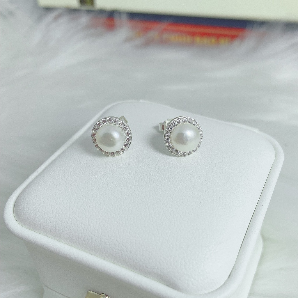 Bông tròn đính hạt li to, khuyên tai chất liệu bạc ta sang trọng - Trang sức bạc Evasilver