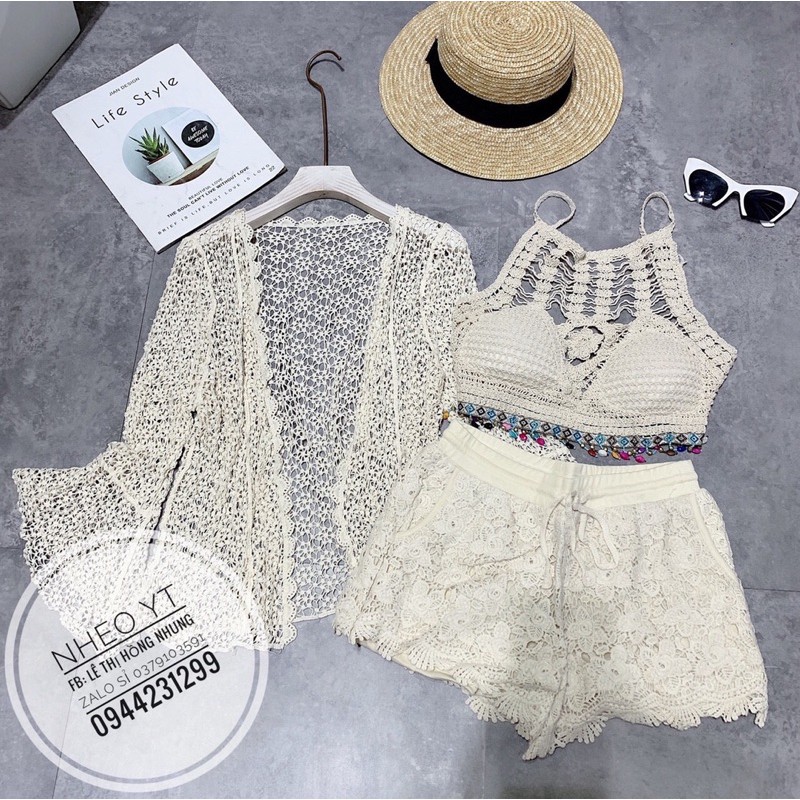 set biển - set 3 món - bra cổ yếm mix hạt +quần ren hoa đều + choàng ren hạt gạo tay loe (có tách rời)