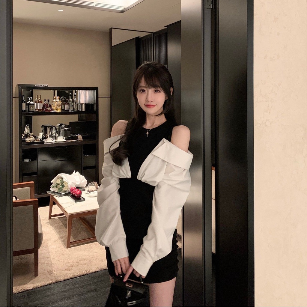 Đầm Giả Hai Mảnh Màu Trơn Tương Phản Cho Nam Mặc Váy Hở Vai
