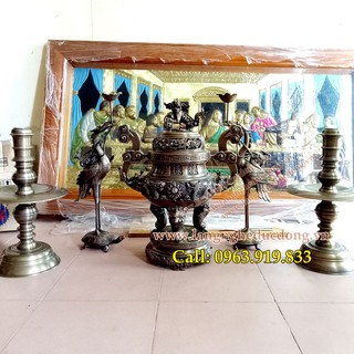 bộ đỉnh đồng ngũ sự song long cao 50cm giả cổ, đỉnh đồng thờ cúng