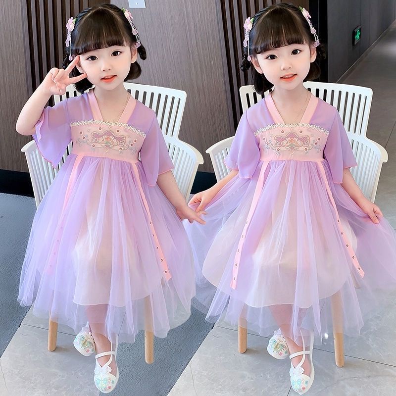 Đầm Công Chúa Hán Phục Tay Ngắn Phối Lưới Mỏng Thêu Họa Tiết Thời Trang Mùa Hè 2022 Mới Phong Cách Trung Hoa Cho