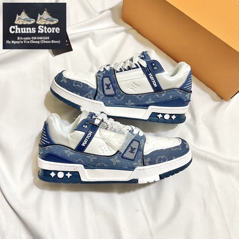 Giày LV trắng xanh đen cao cấp lót hoa sc, giày Louis vuiton các màu cao cấp