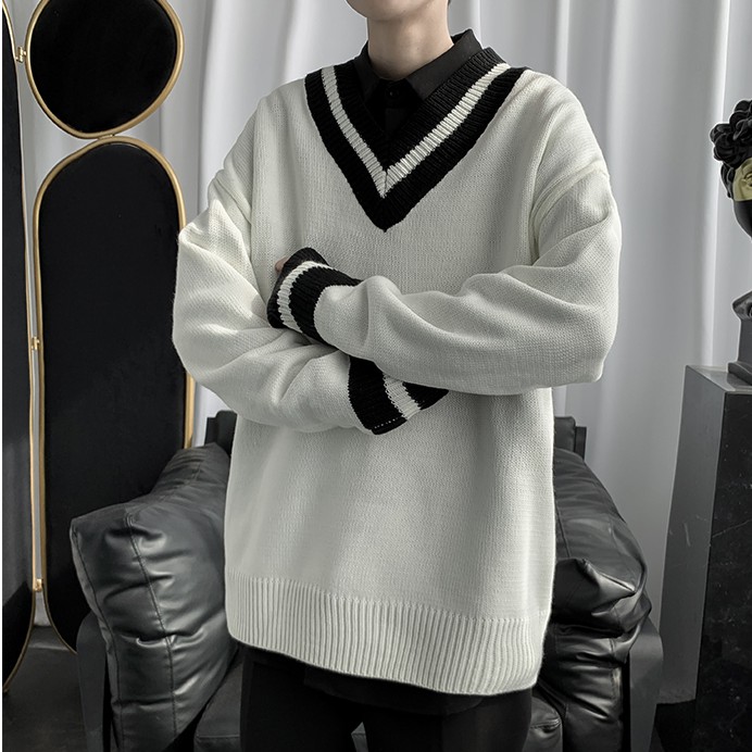 Áo len unisex cổ V mix sọc 2 màu đen - trắng