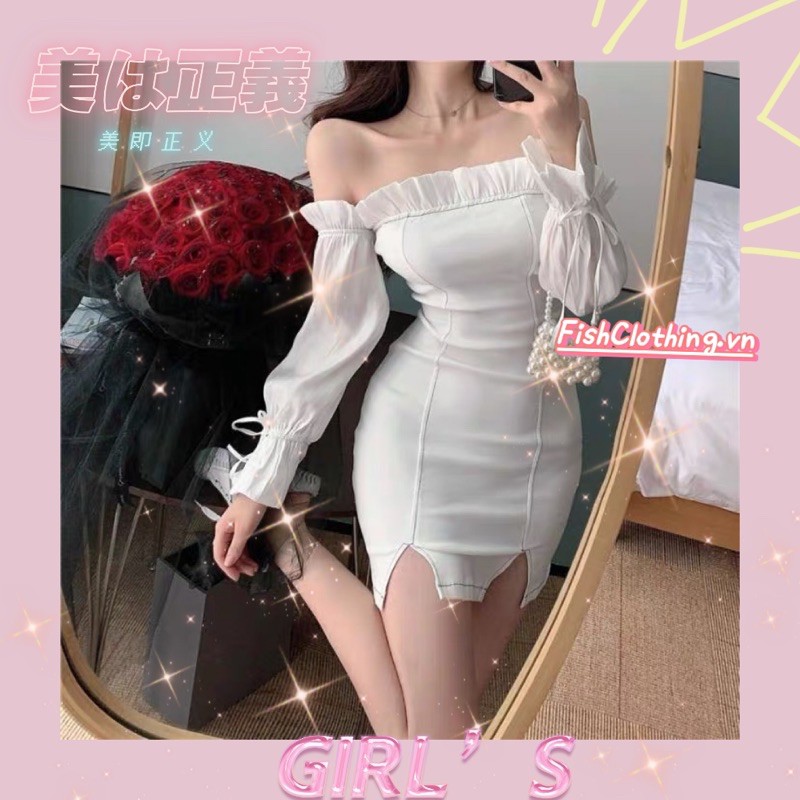 SẴN HÀNG🖤Váy trắng tiểu thư ôm body trễ vai xẻ đùi tay dài loe thắt nơ/ Đầm kiểu ulzzang dự tiệc tay tơ sexy Hàn Quốc