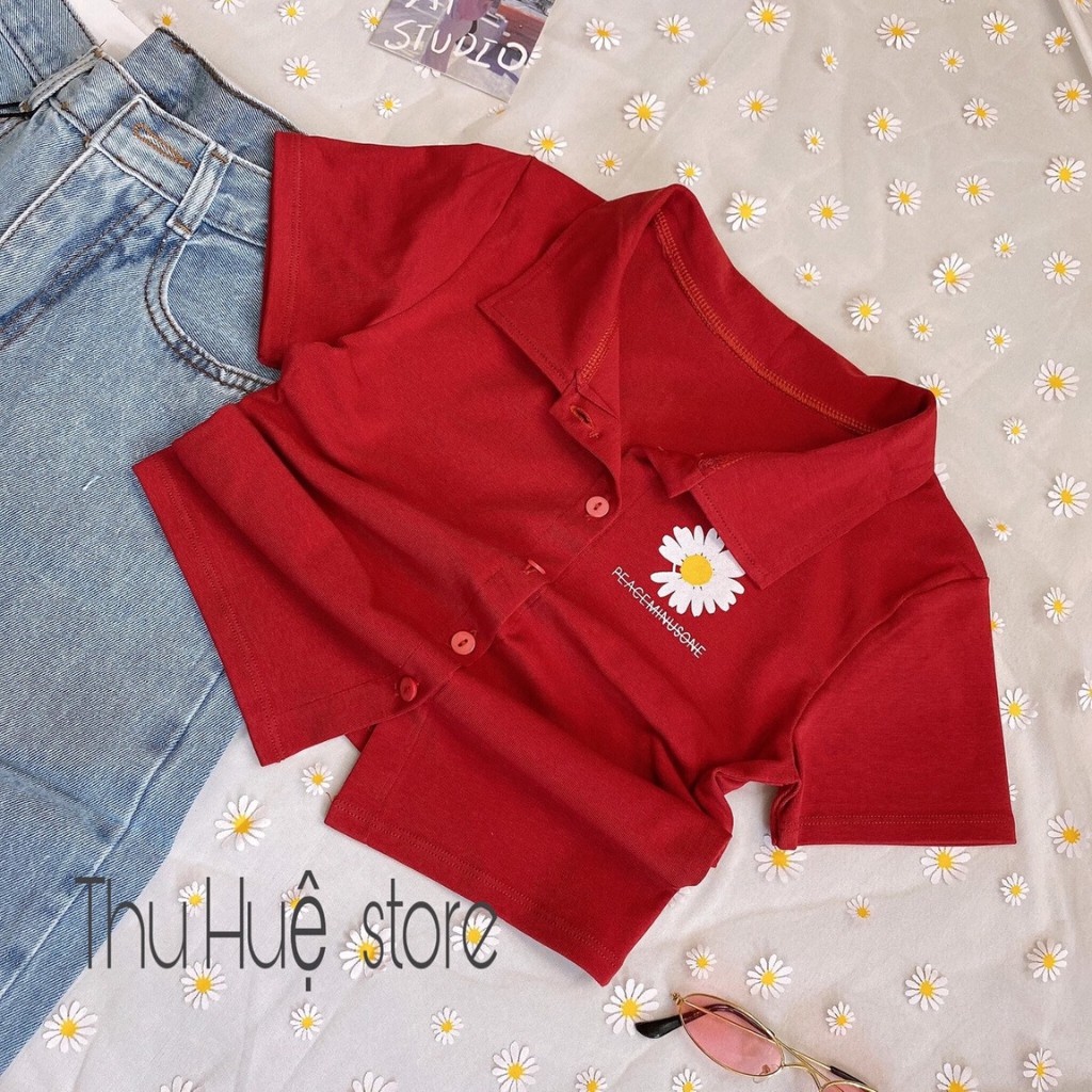 Áo Croptop Cổ Bẻ In Hình Hoa Cúc Hottrend-Chất Cotton Siêu Co Giãn