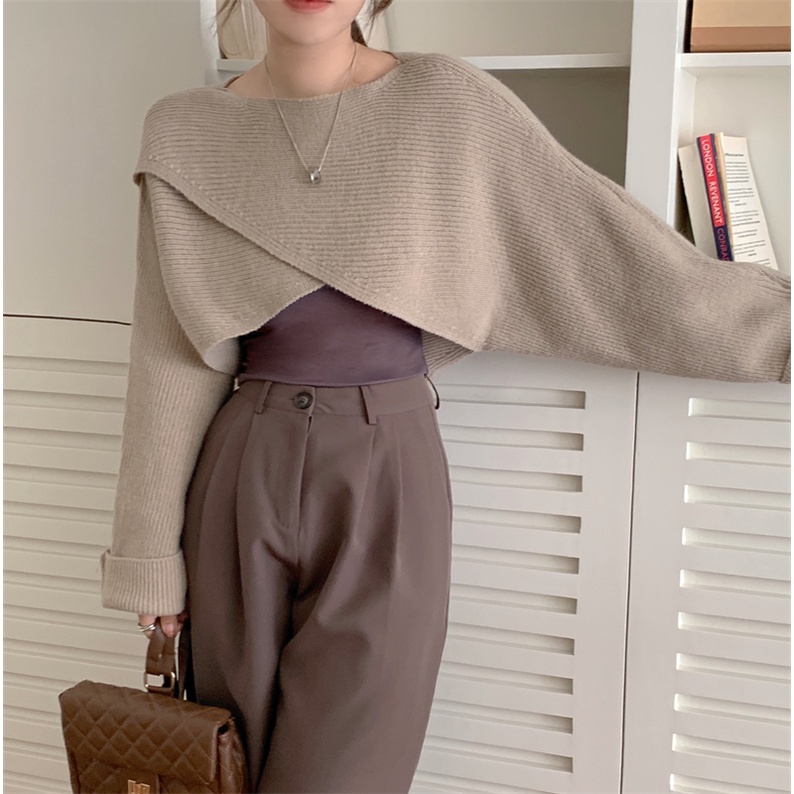 Áo sweater SUXI vải dệt kim tay dài hở vai màu sắc ngọt ngào phong cách Hàn Quốc cho nữ