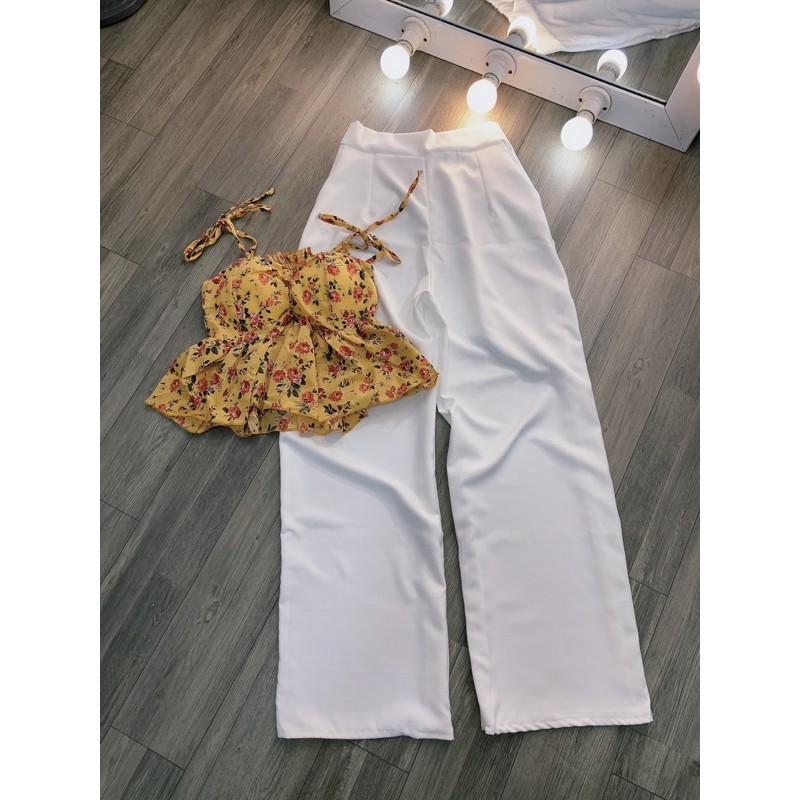 Set áo hoa cột vai cao cấp quần ống rộng hình thật sp | BigBuy360 - bigbuy360.vn